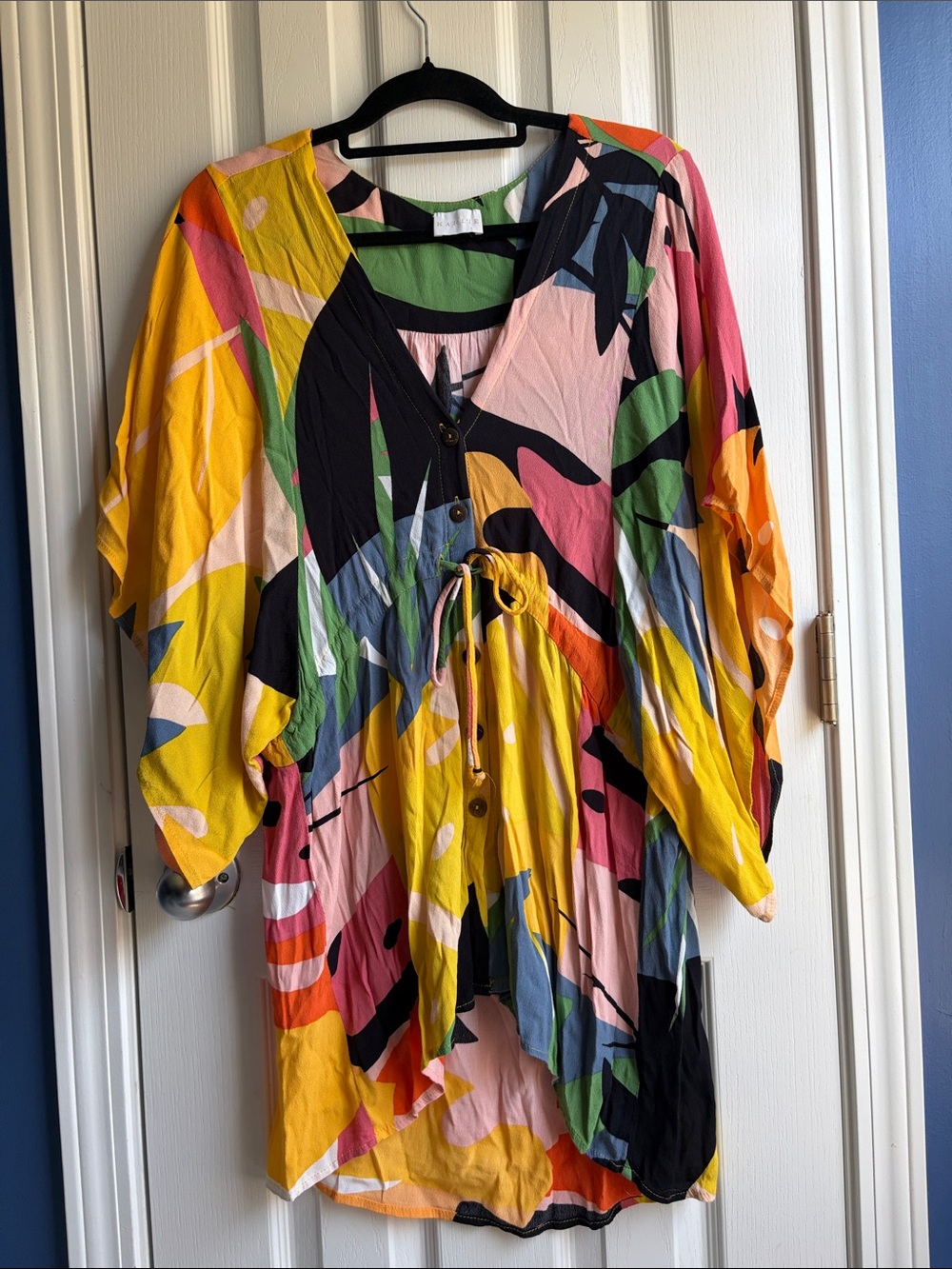 KARLIE Abstract Colorful Print Kimono Sleeve Tie Waist Tunic Dress Size Medium